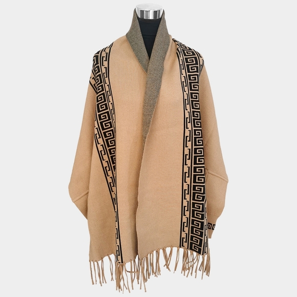 Brown Black Greek Key Winter Shawl Poncho Scarf Open Front Cape Womens Wrap - Picture 1 of 2
